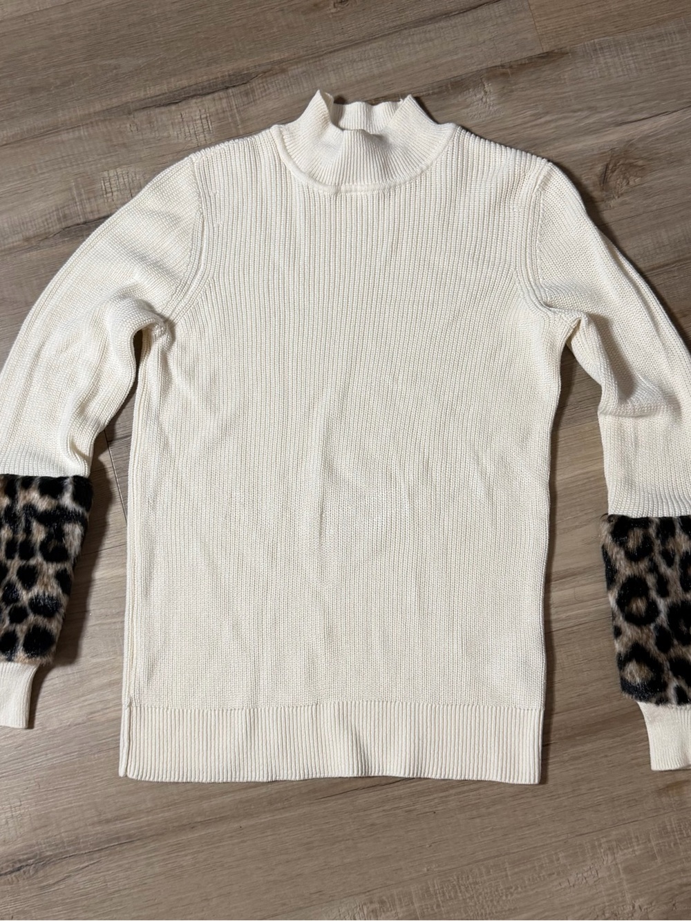 Michael Kors Cream Mock Neck Sweater with Leopard Faux Fur Cuffs